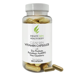 Bottle of Clear Skin Acne Vitamins Capsules Complexion Supplements