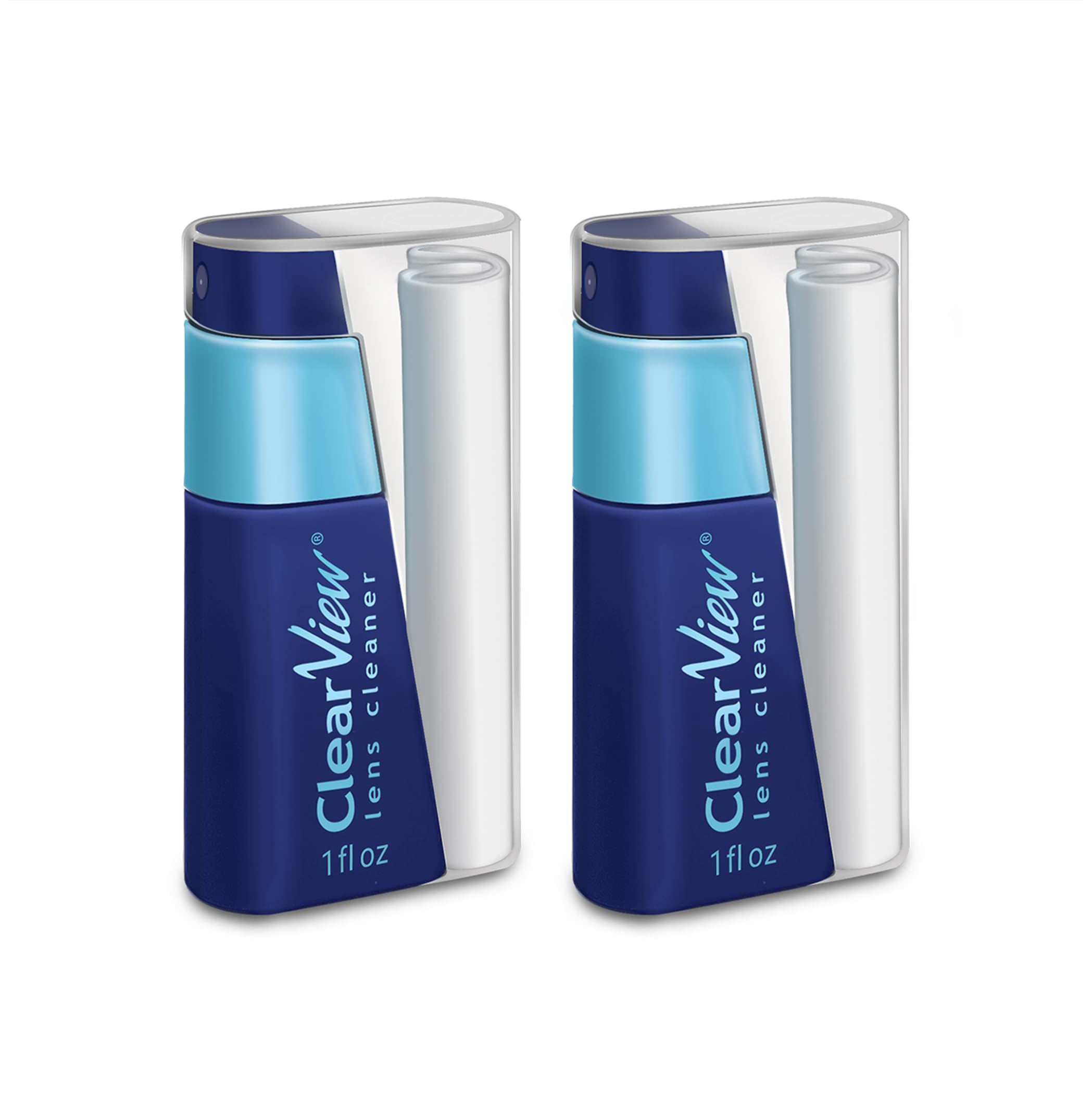 Compact Clear View lens cleaner kit with 1 oz refillable bottle and integrated cloth storage