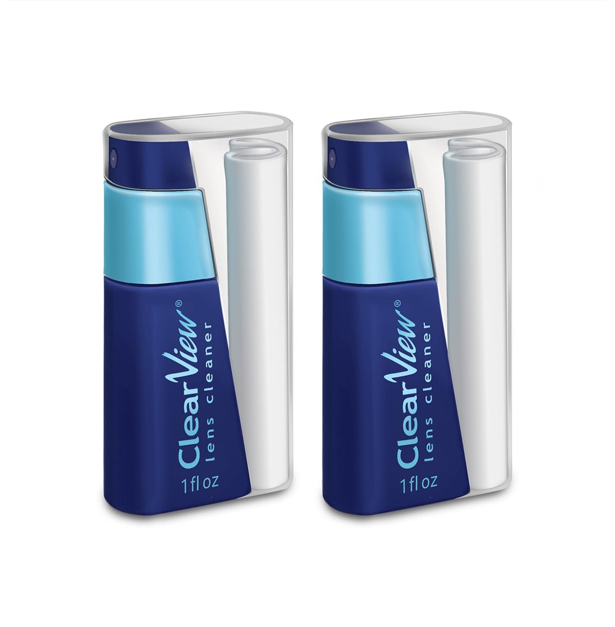 Compact Clear View lens cleaner kit with 1 oz refillable bottle and integrated cloth storage