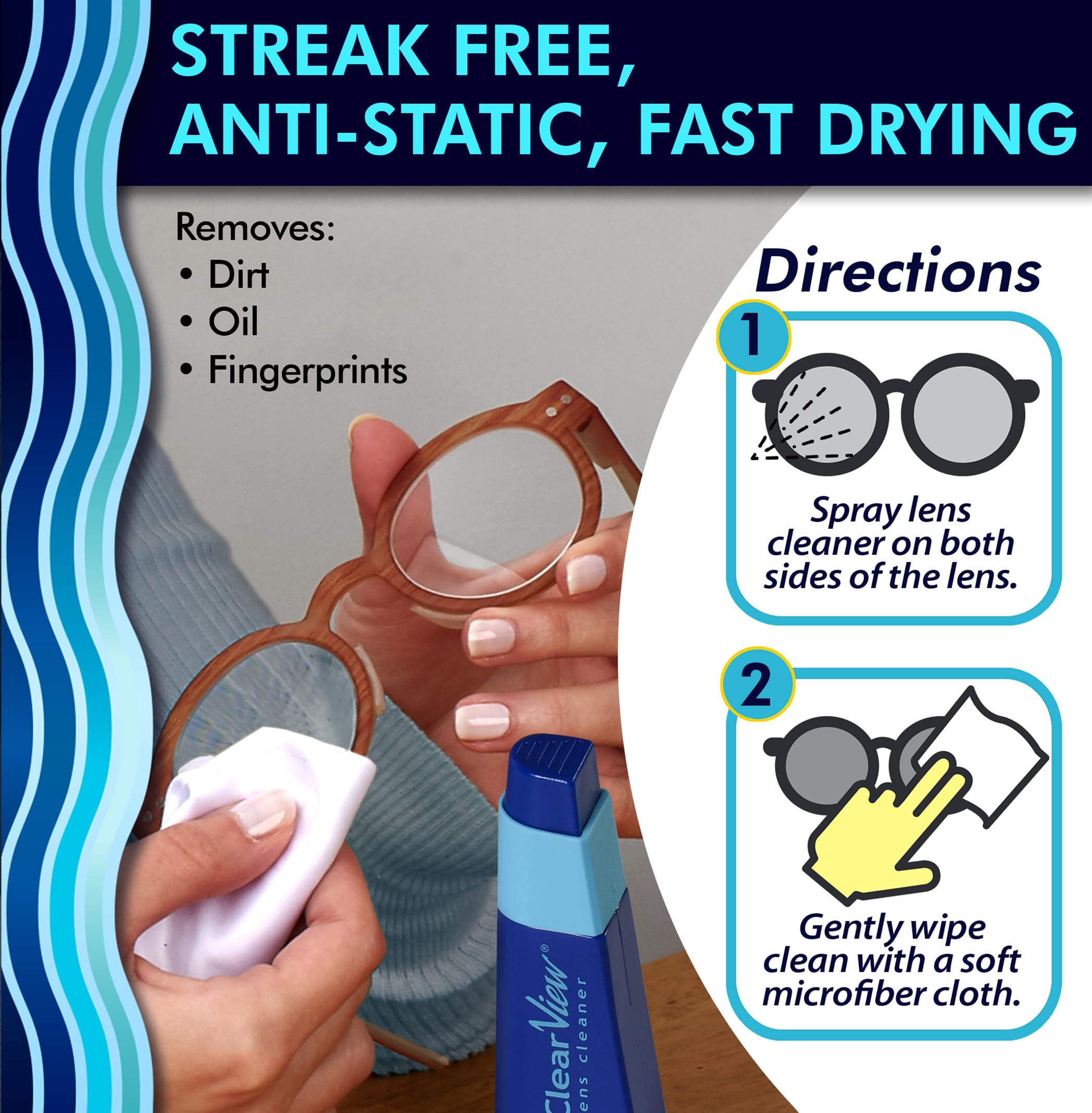 Lenses and screens cleaned with streak-free solution safe for coatings