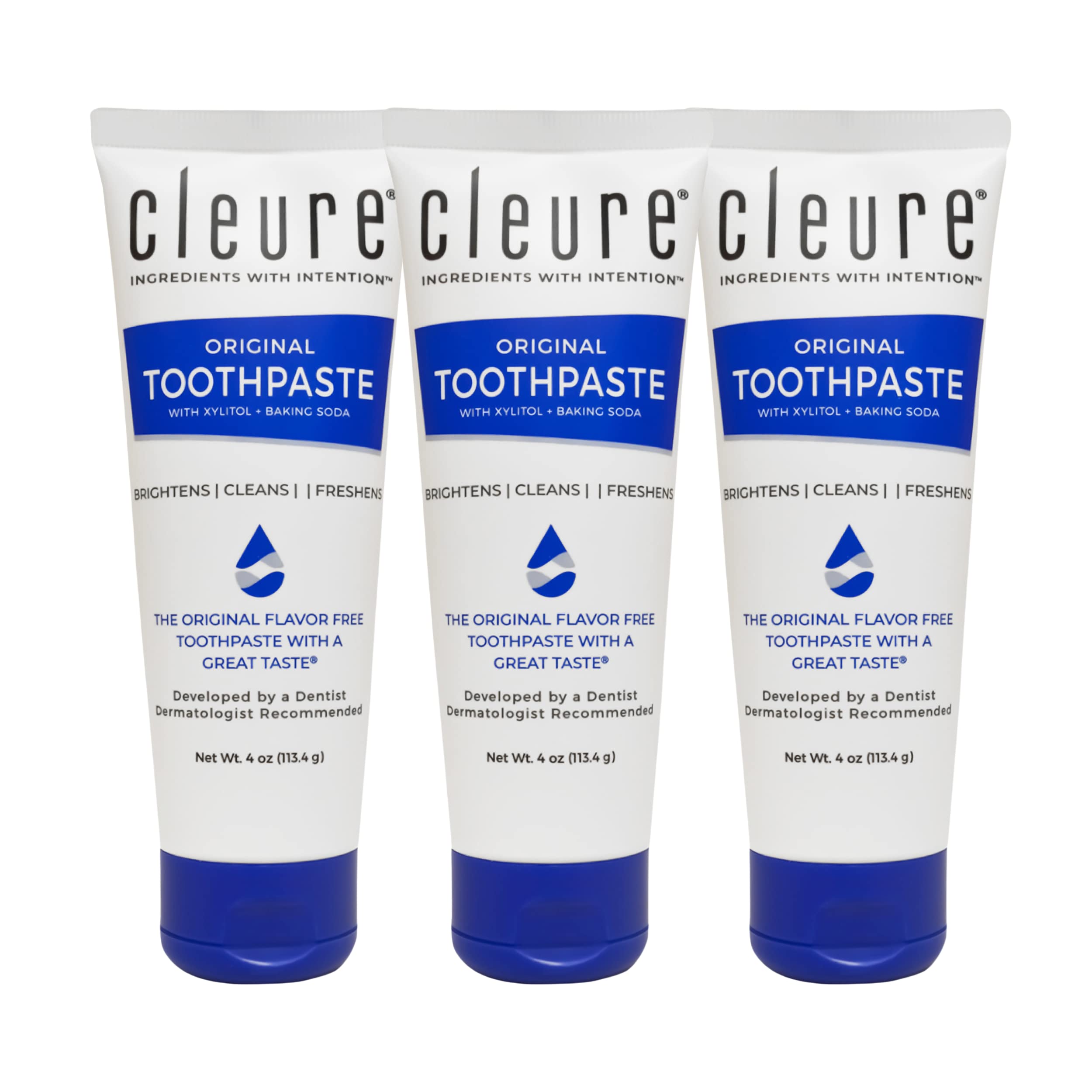 Front view of Cleure Original No Fluoride Toothpaste 4oz tube in pack of 3