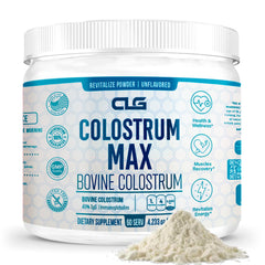 CLG Colostrum Max 120g packaging with scoop on white