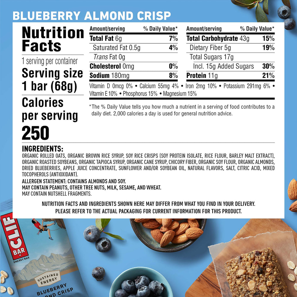 CLIF Bar Blueberry Almond Crisp bar being unwrapped reveals blueberries and almonds.