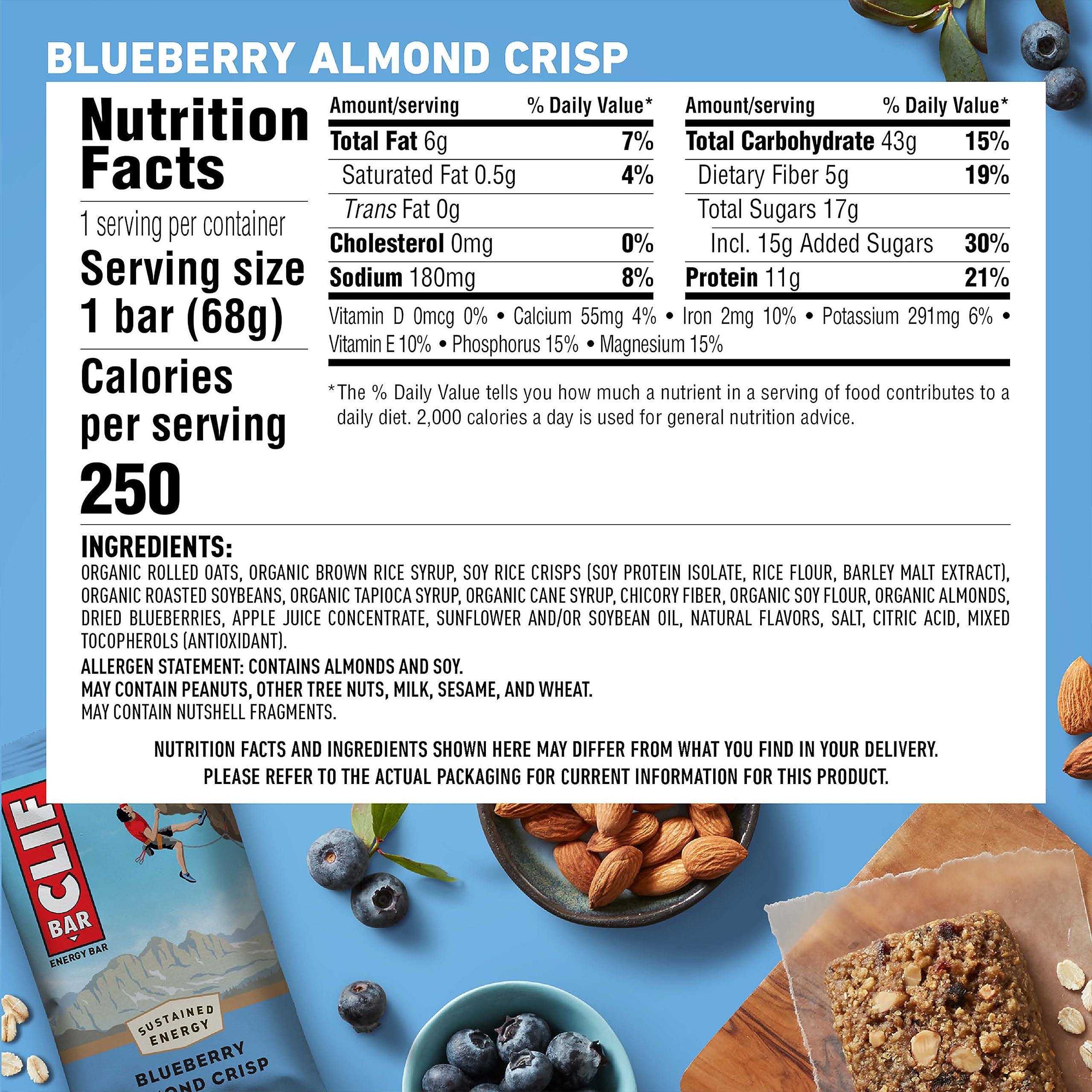 CLIF Bar Blueberry Almond Crisp bar being unwrapped reveals blueberries and almonds.