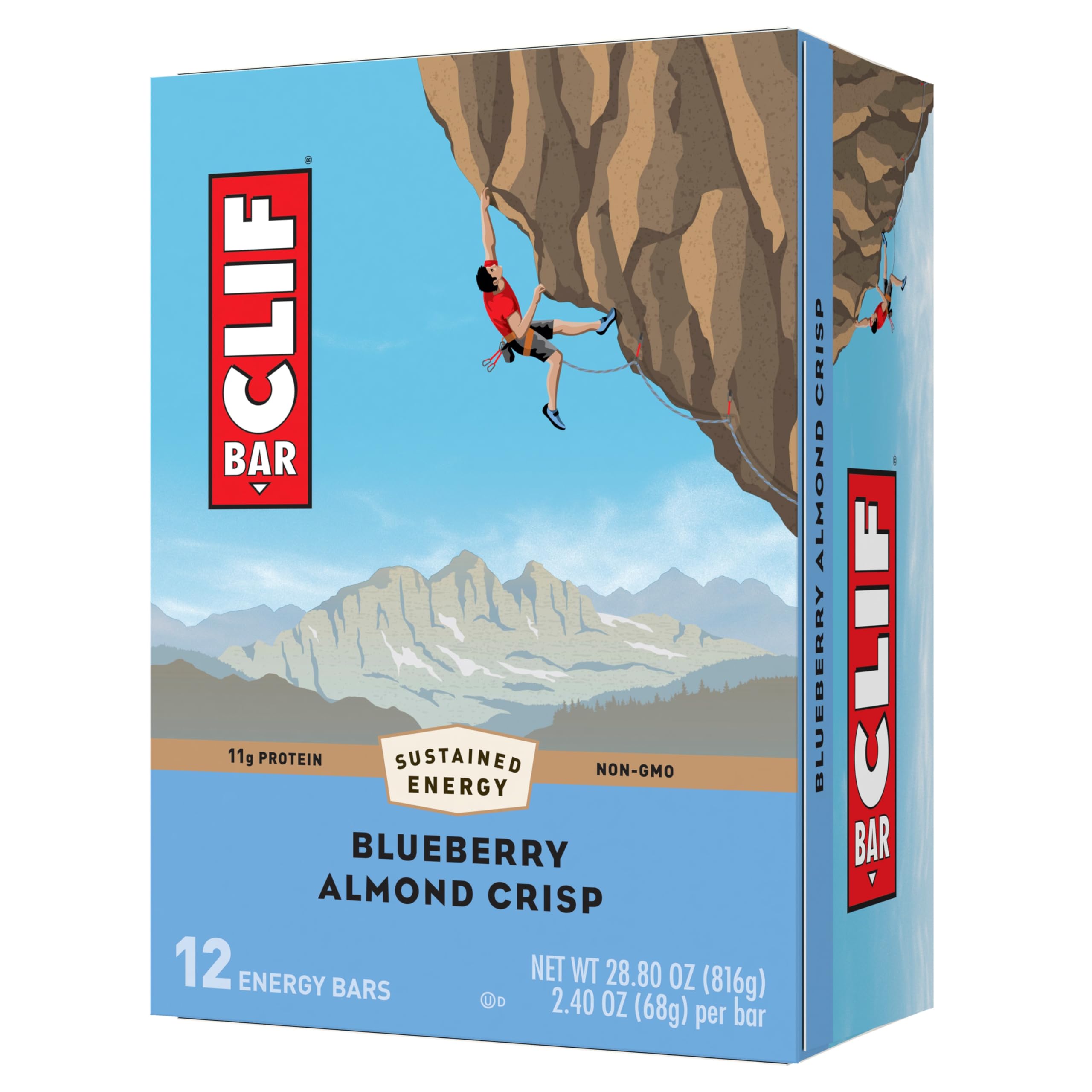 CLIF Bar Blueberry Almond Crisp packaging highlights on-the-go energy for workouts.