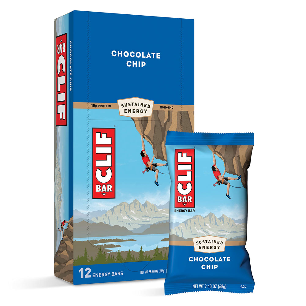 CLIF Bar Chocolate Chip packaging shown for on-the-go energy during workouts.