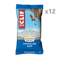 CLIF Bar Chocolate Chip close-up highlights chewy oats and chocolate chips for sustained energy.