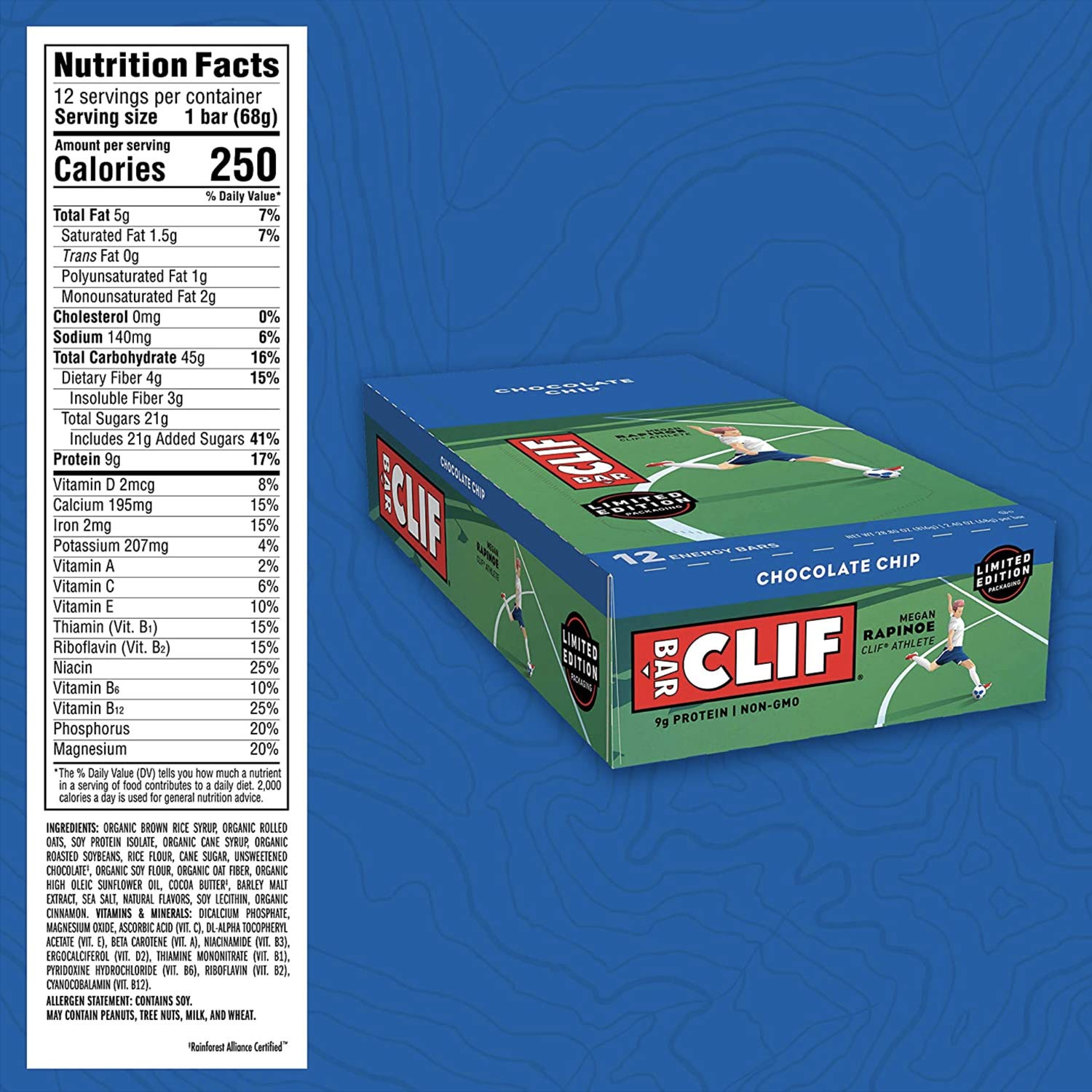 CLIF Bar Chocolate Chip nutrition facts panel conveys balanced protein and carbs.