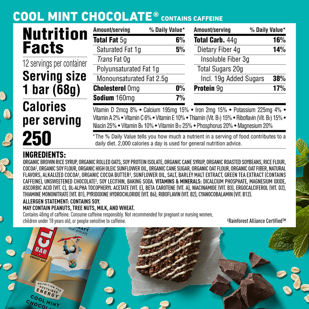 CLIF Bar Cool Mint Chocolate bar closeup highlights mint chocolate flavor.