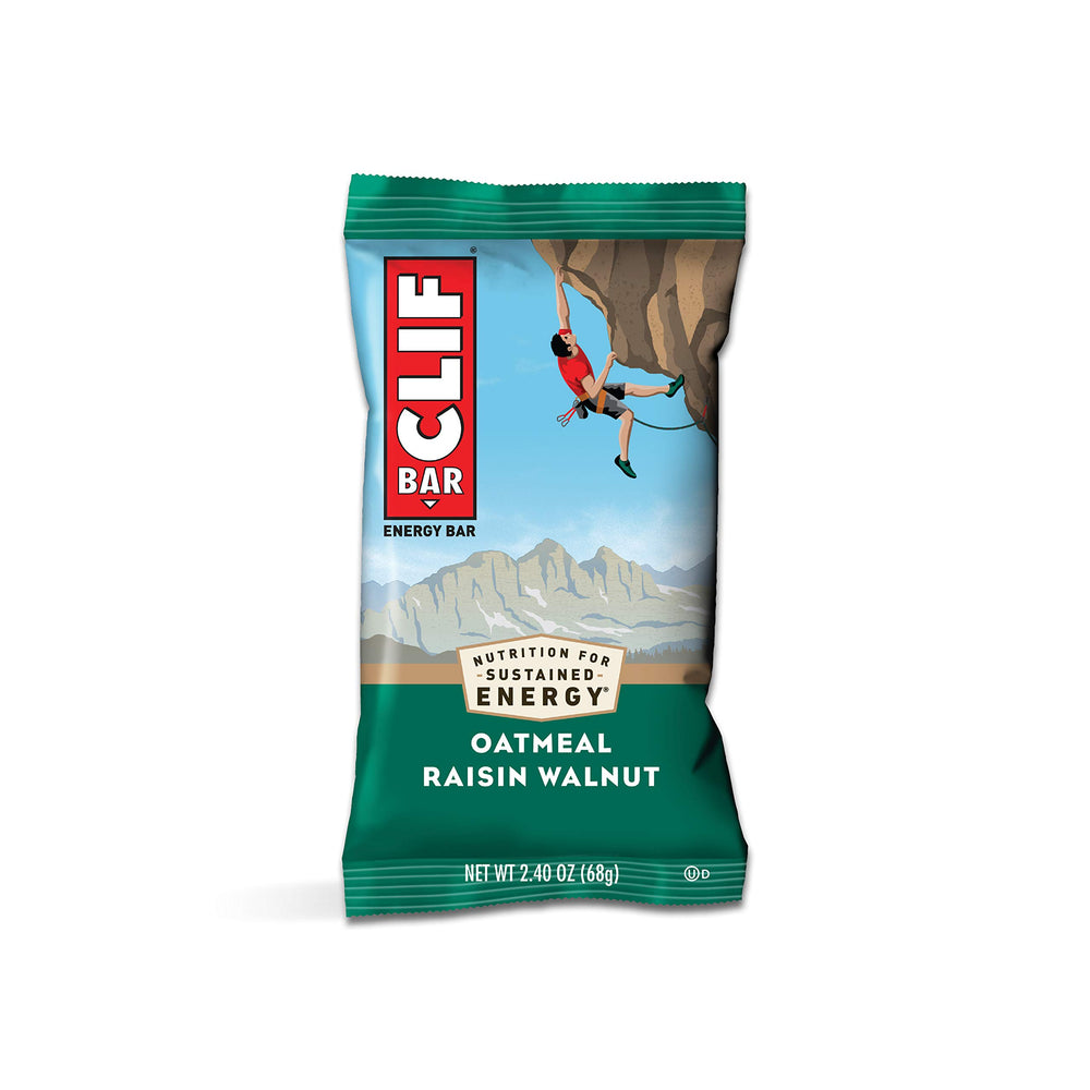 CLIF Bar Oatmeal Raisin Walnut unwrapped showing chewy texture