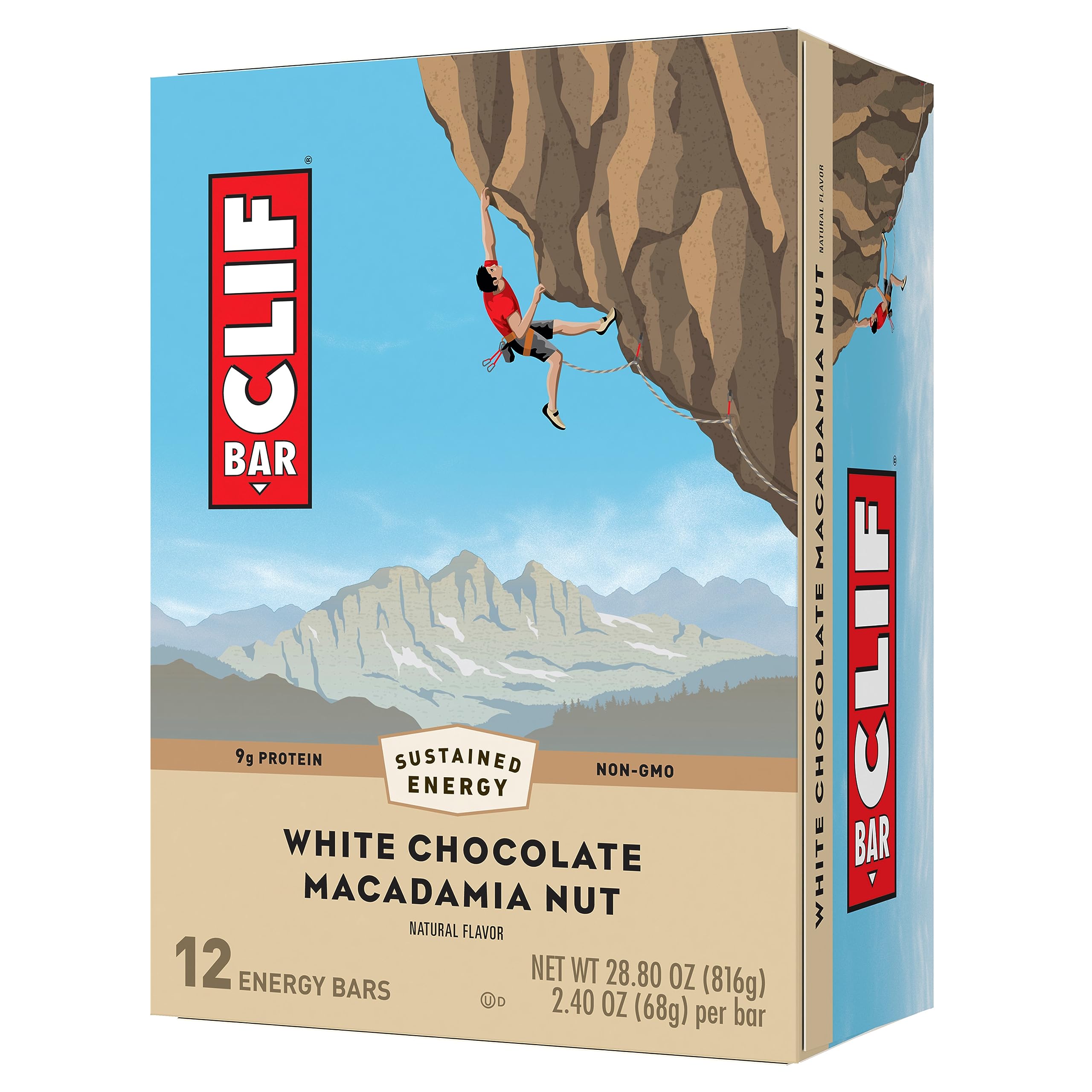 CLIF Bar White Chocolate Macadamia Nut bar pack showcases convenient, on-the-go energy for adventures.