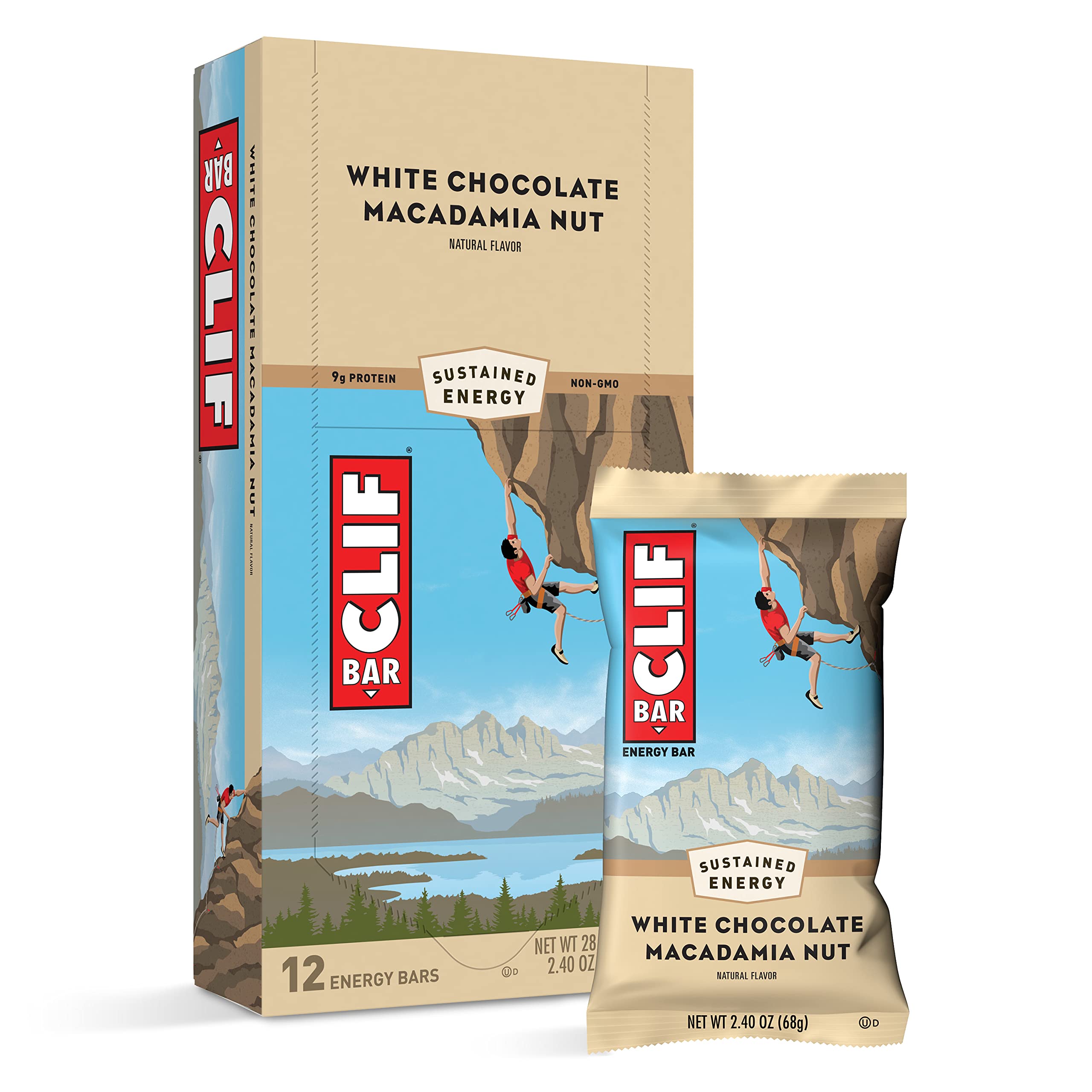 CLIF Bar White Chocolate Macadamia Nut bar close-up showing creamy texture for on-the-go energy.