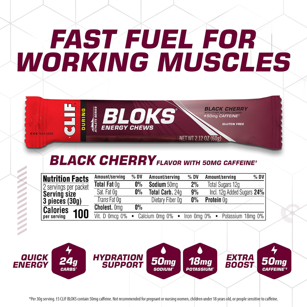Close-up of CLIF BLOKS Black Cherry energy chews