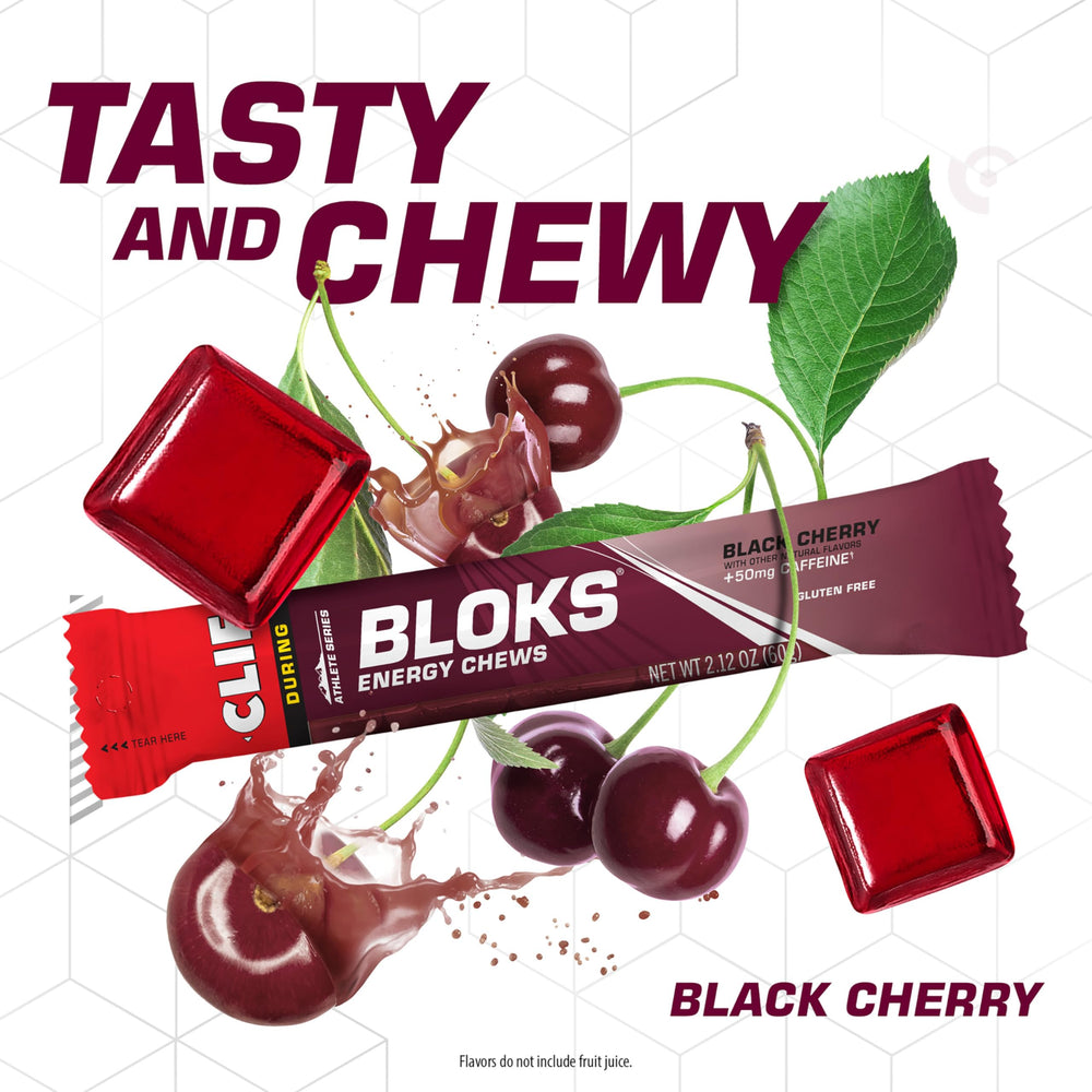 Single CLIF BLOKS Black Cherry cube with nutrition details