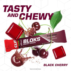Single CLIF BLOKS Black Cherry cube with nutrition details