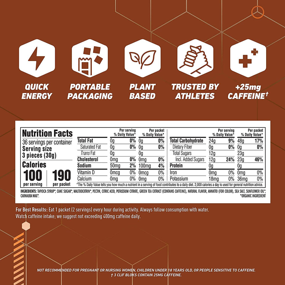 CLIF BLOKS Orange chews in packaging and blister pack