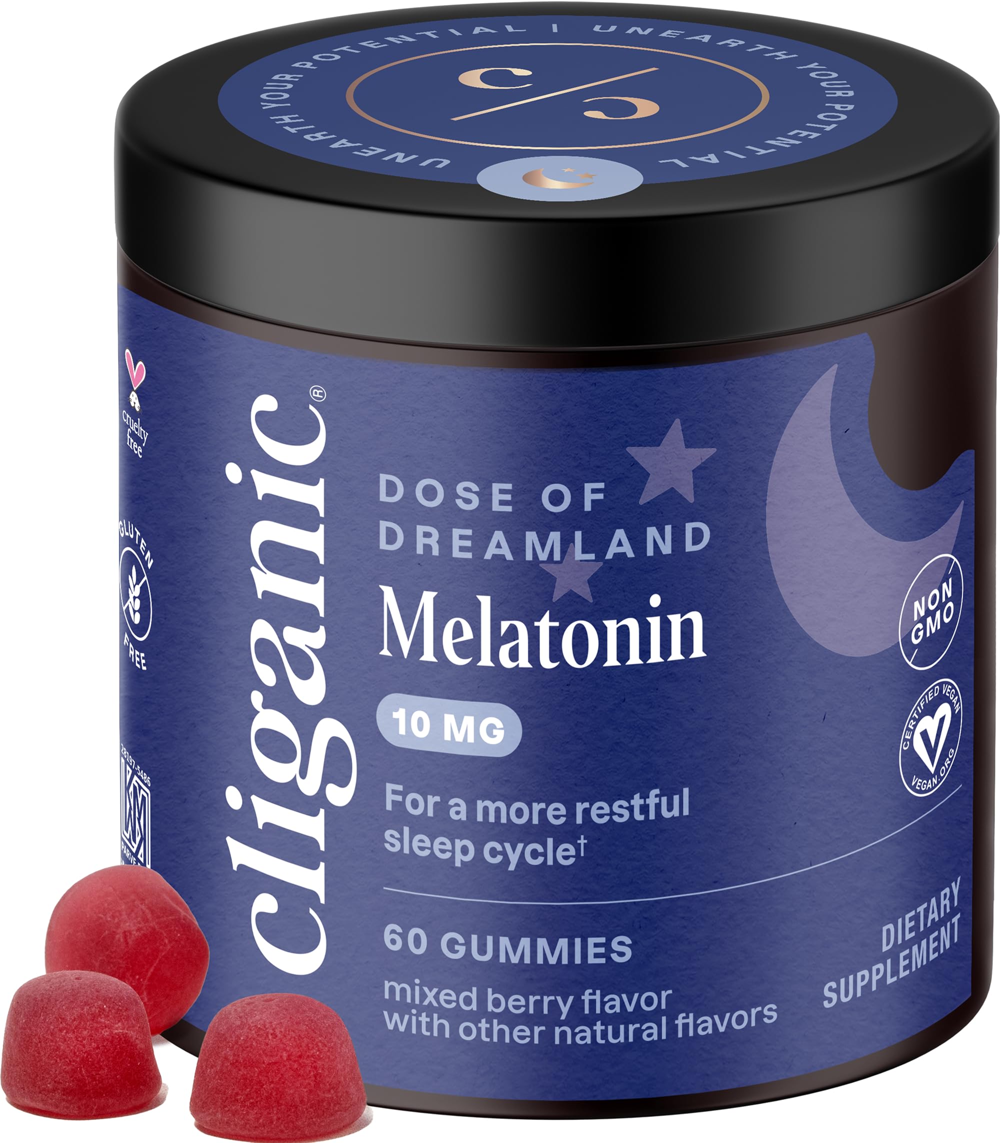 Berry-flavored Cliganic Melatonin Gummies bottle showing 60-day supply