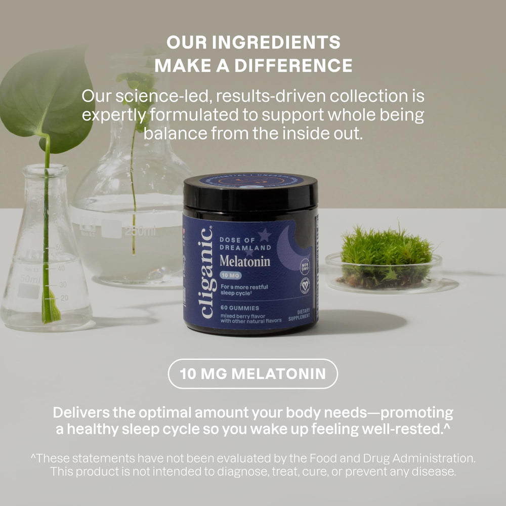 Cliganic Melatonin Gummies bottle with label and gummies inside