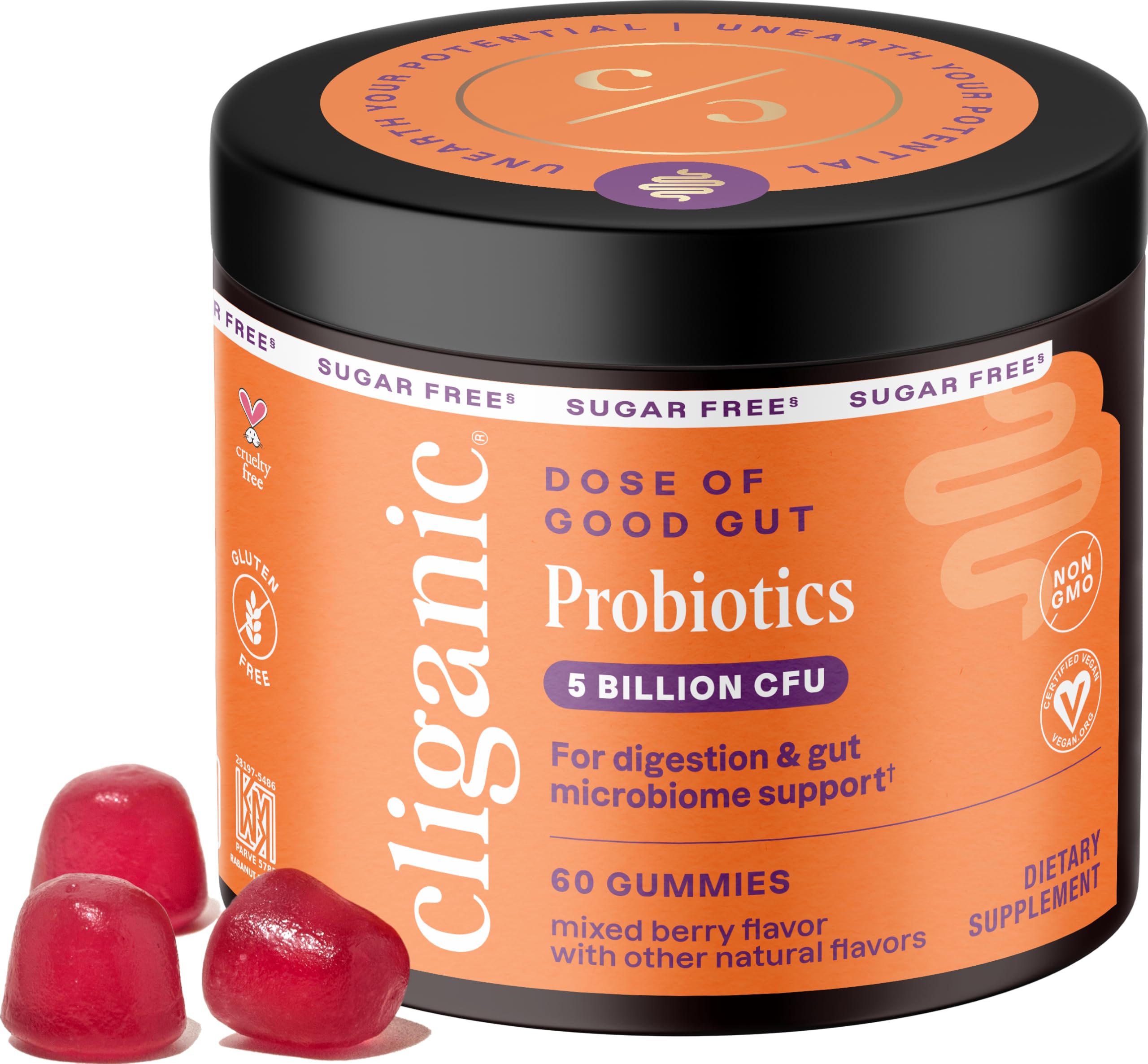 Bottle of Cliganic Sugar-Free Probiotics Gummies Berry flavor, 60-day supply