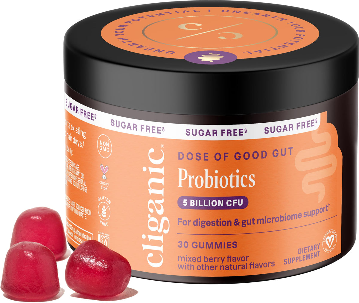 Berry flavor sugar-free probiotics gummies bottle—front view
