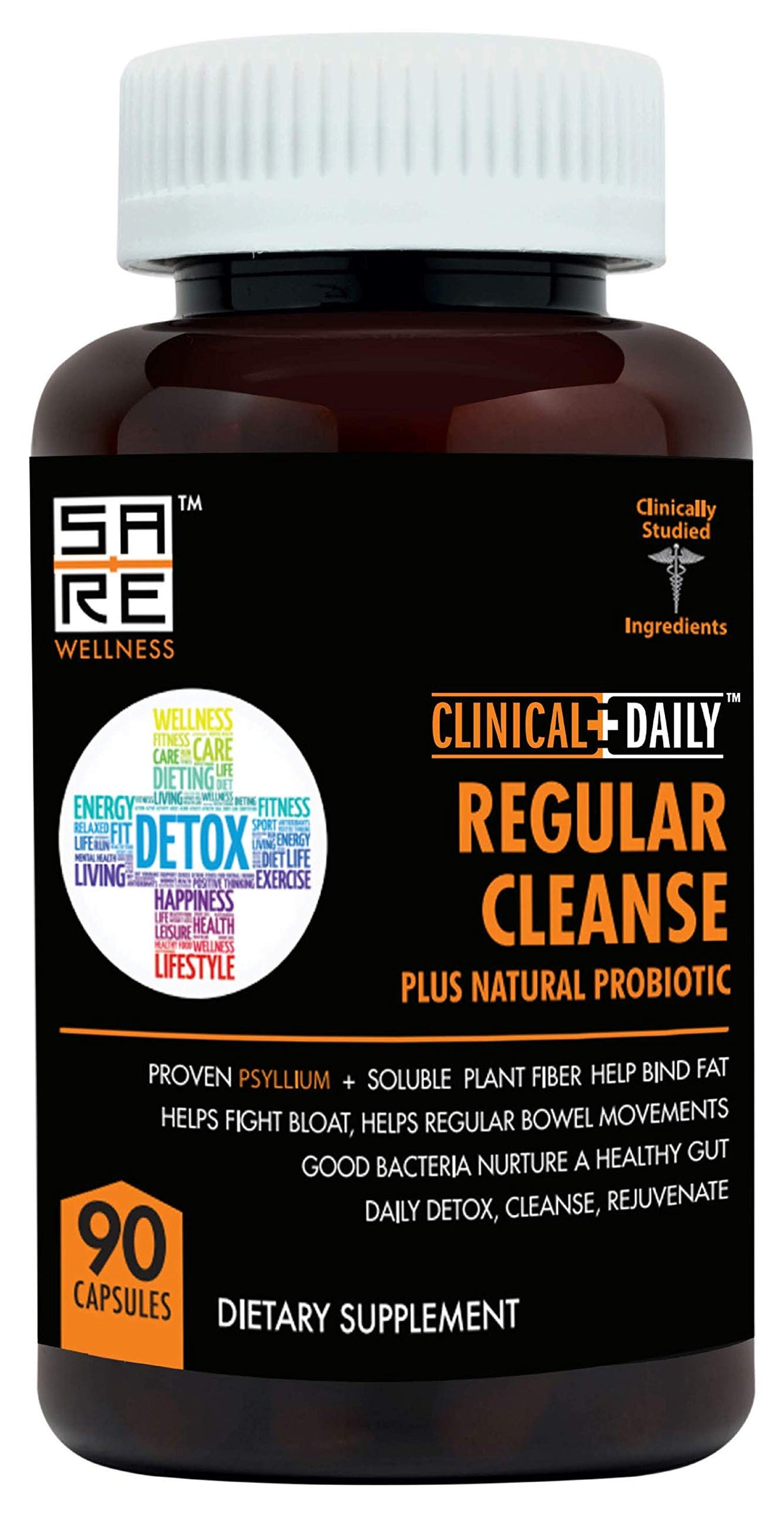 Clinical Daily Regular Cleanse bottle front with capsules for digestive support