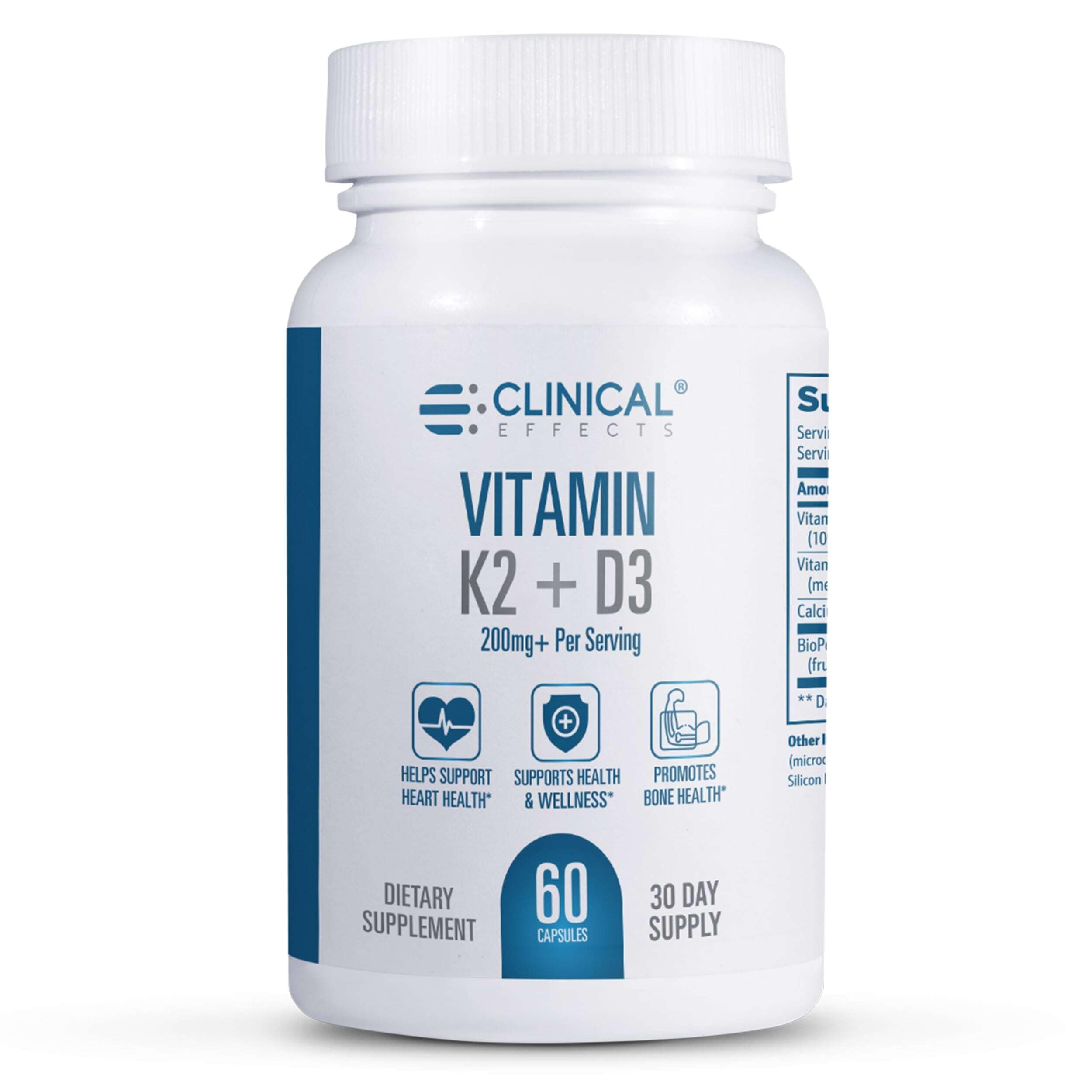 Bottle of Clinical Effects Vitamin K2 + D3 with Bioperine and Calcium, 60 capsules