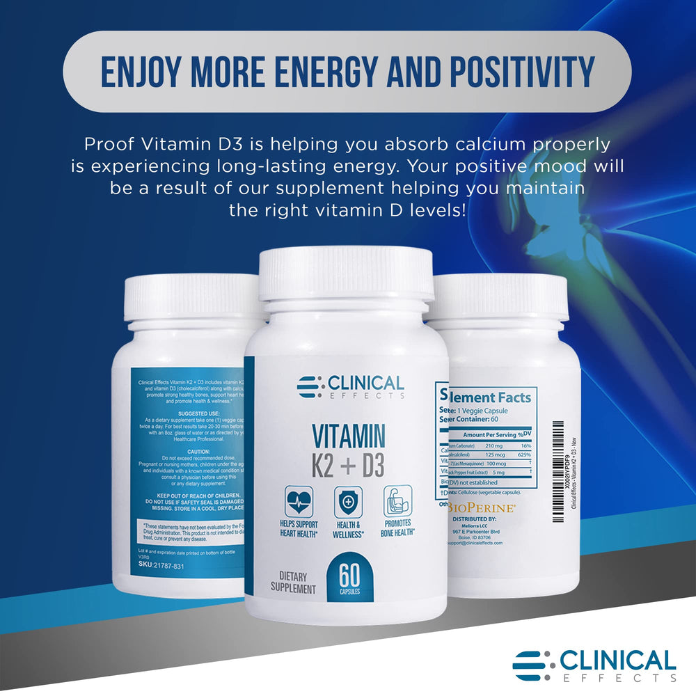 Three-pack of Clinical Effects Vitamin K2 + D3 bottles