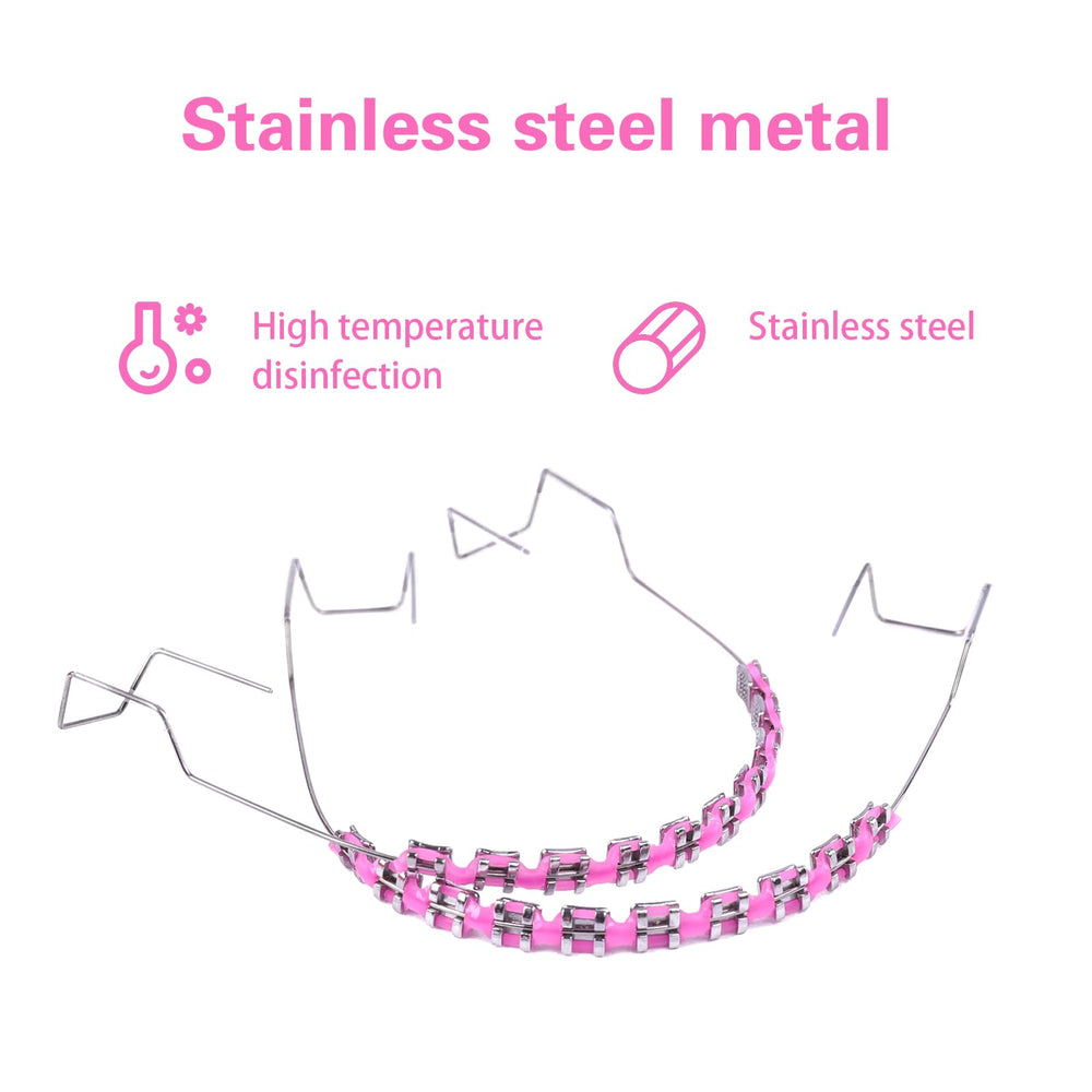 Clip-on braces kit components: metal brackets and ligatures with blue theme