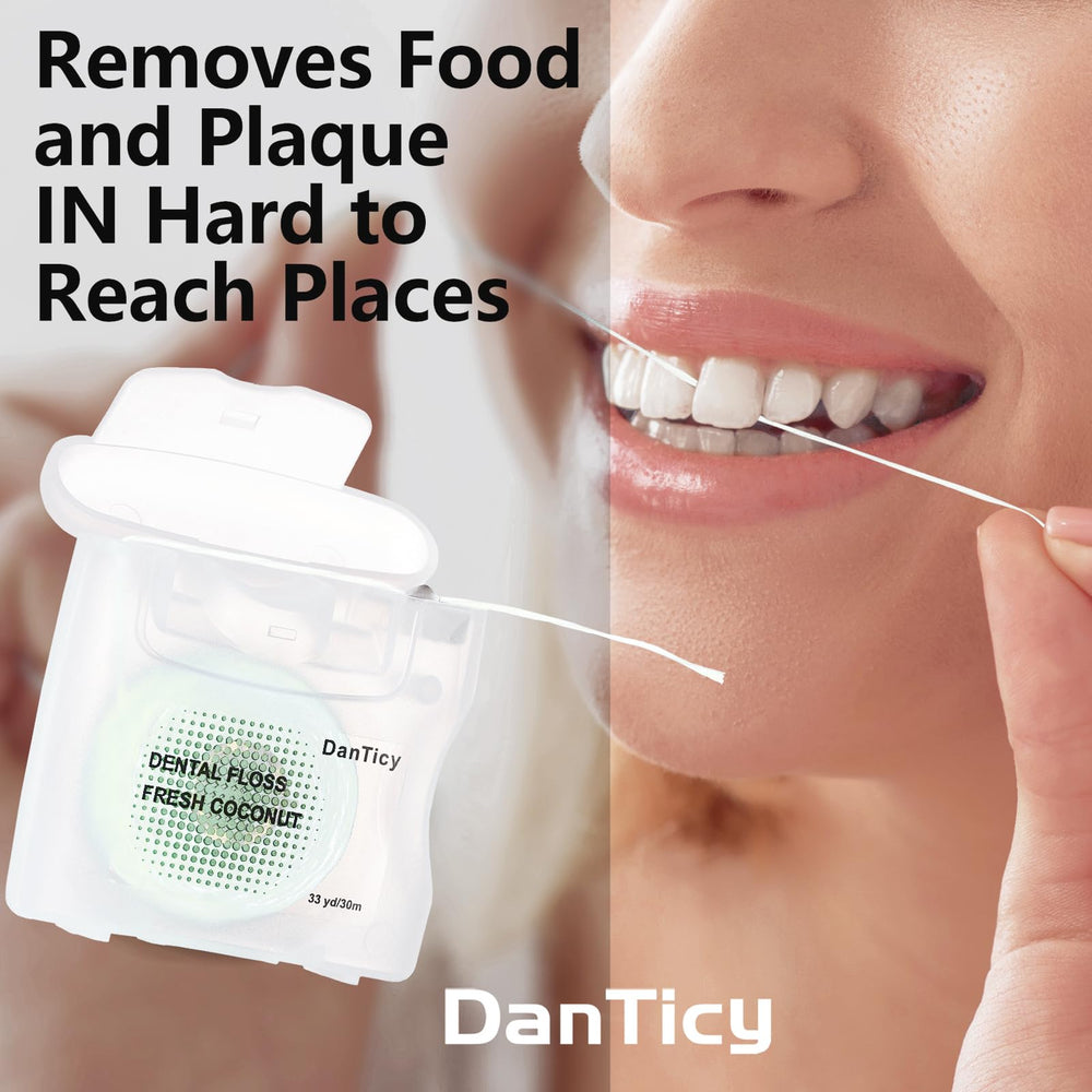 Close-up of teeth with coconut oil dental floss in use