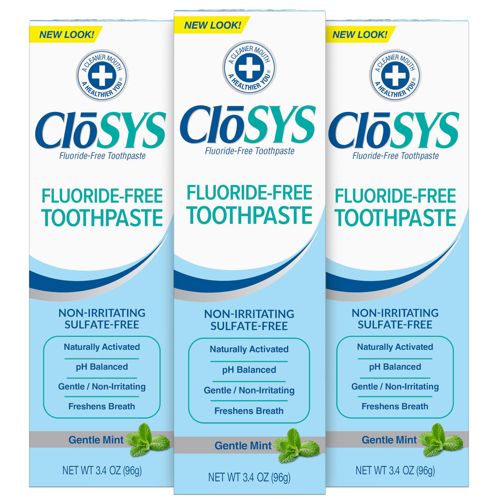 Front view of CloSYS Fluoride Free Toothpaste Gentle Mint travel pack