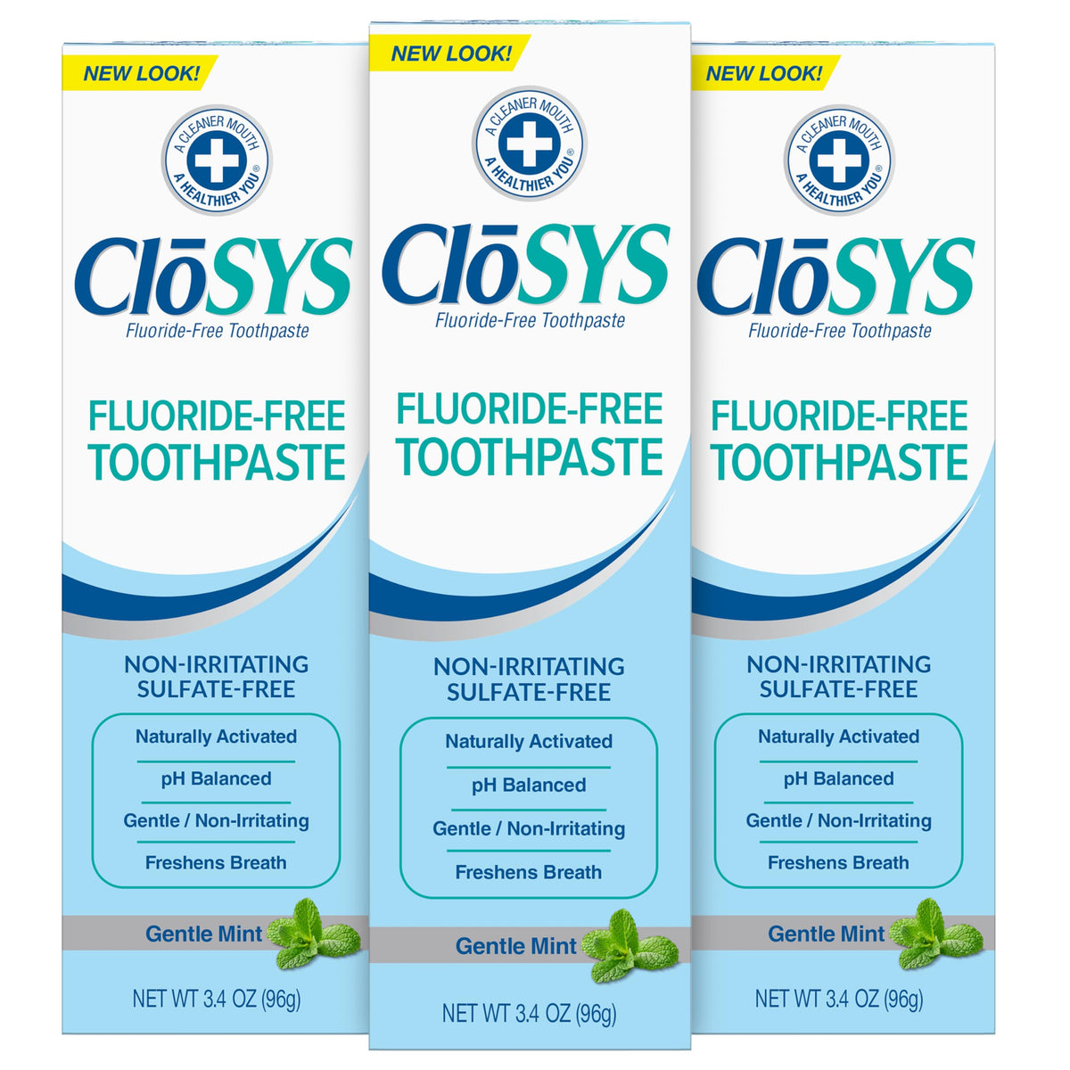 Front view of CloSYS Fluoride Free Toothpaste Gentle Mint travel pack