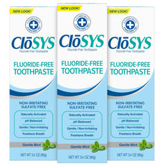 Front view of CloSYS Fluoride Free Toothpaste Gentle Mint travel pack