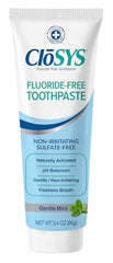 Close-up of CloSYS toothpaste label highlighting fluoride-free and sulfate-free formula