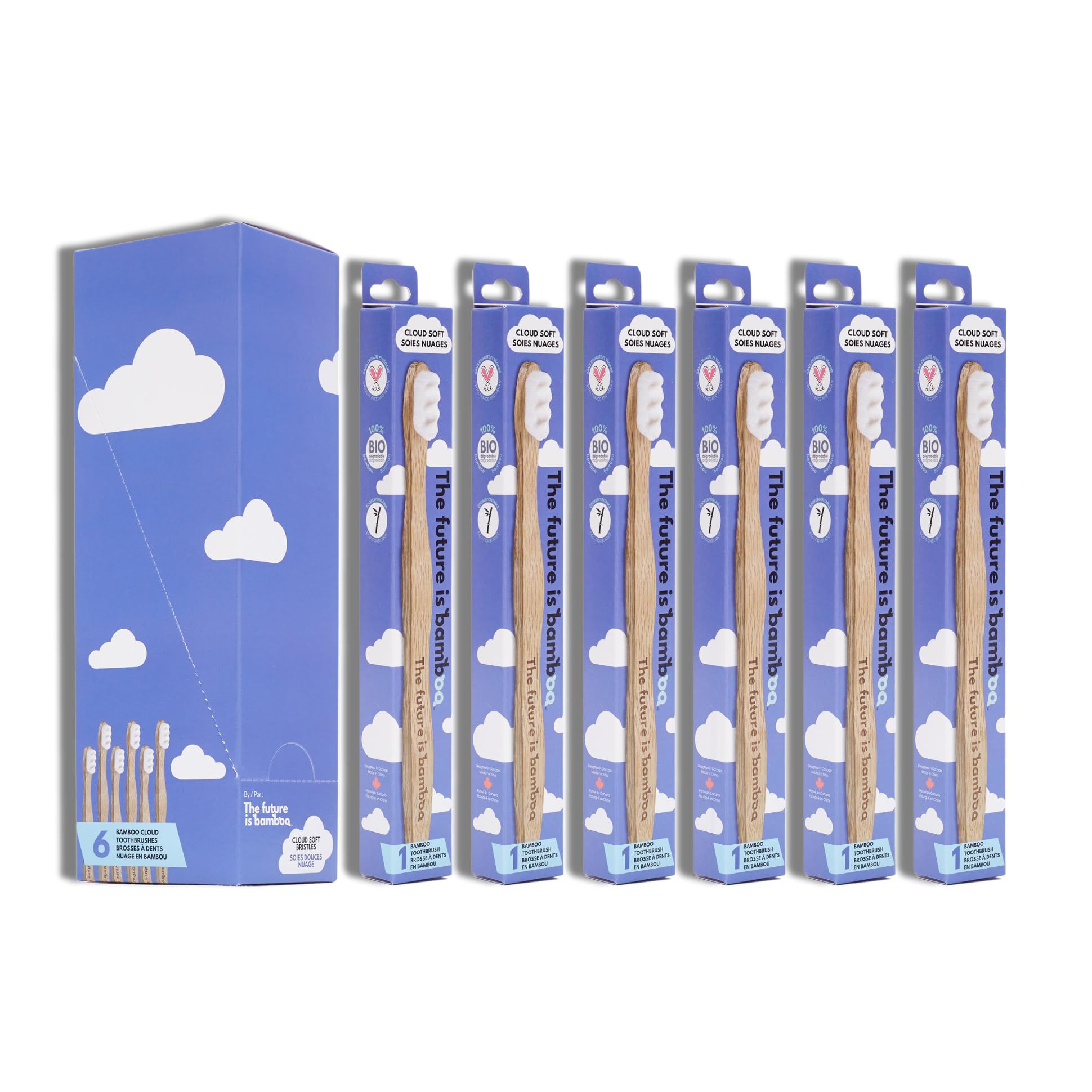 Cloud Brush pack of 6 biodegradable bamboo toothbrushes with light bamboo handle