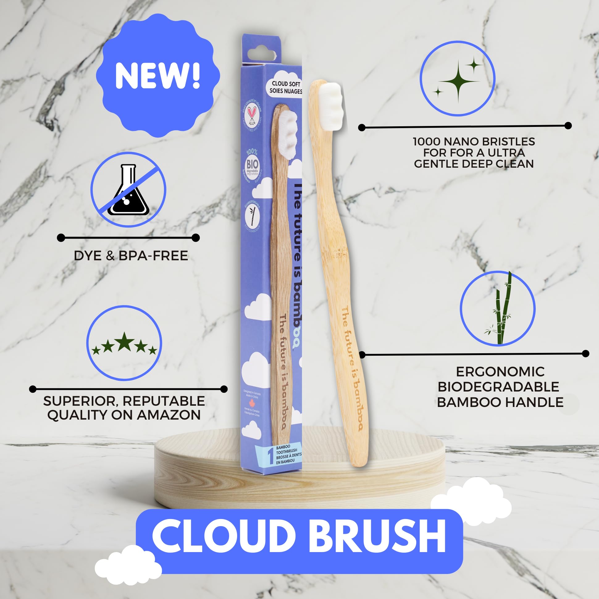 Six Cloud Brush bamboo toothbrushes arranged together