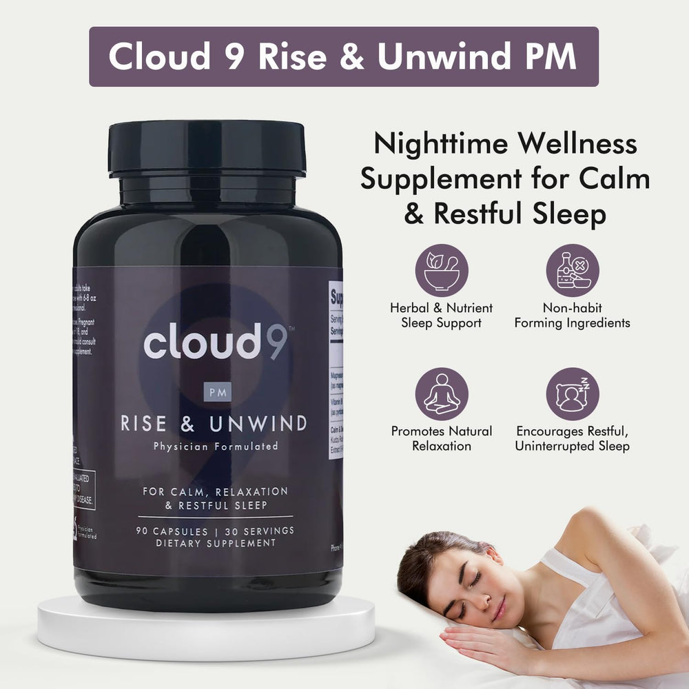 Chamomile and valerian root ingredients used in Cloud9 Rise & Unwind PM