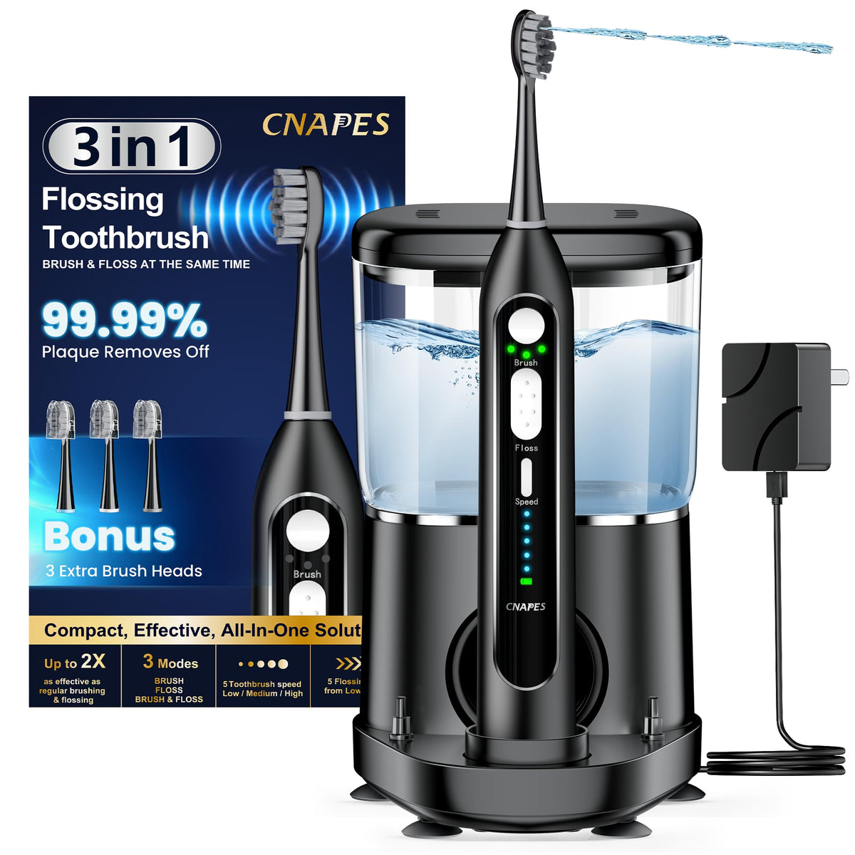 Cnapes 3-in-1 electric toothbrush with water flosser and travel case - front view