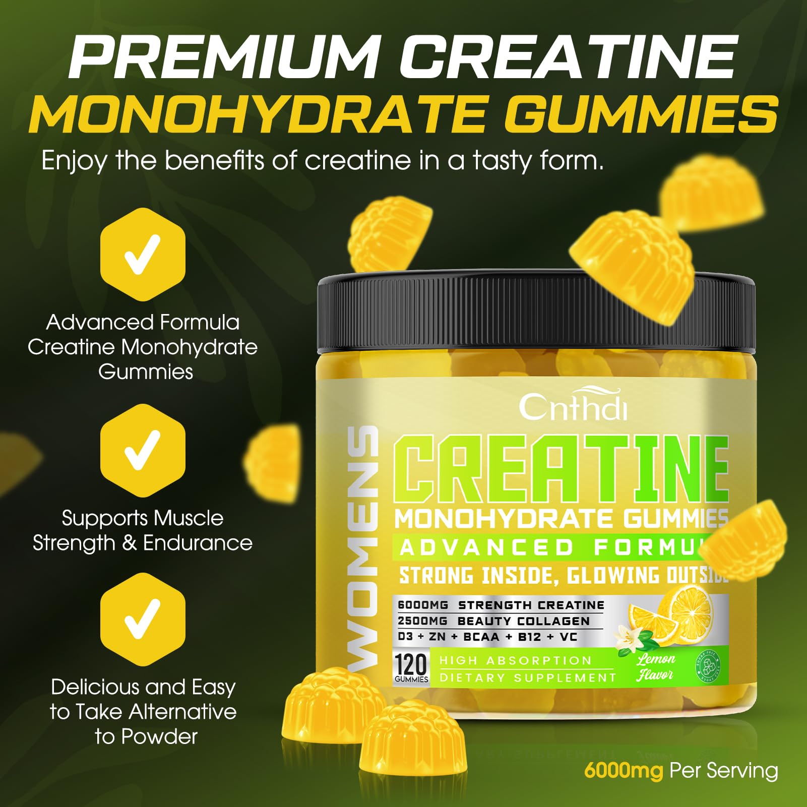 Close-up of CNFHDI Creatine Gummies bottle with four gummies