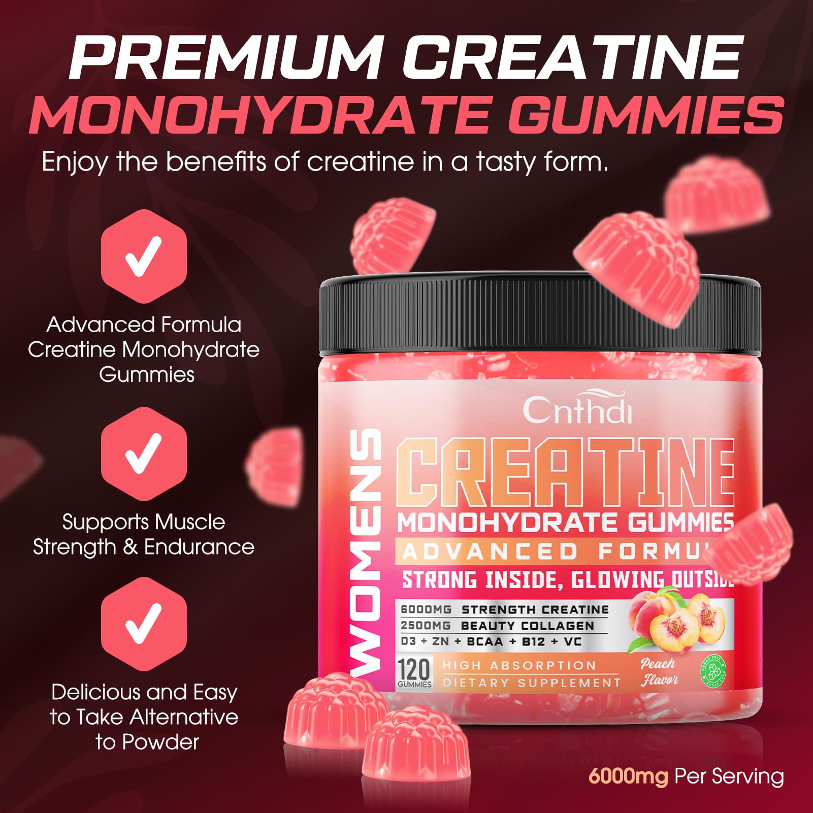 Close-up of CNFHDI Peach Flavored Creatine Gummies