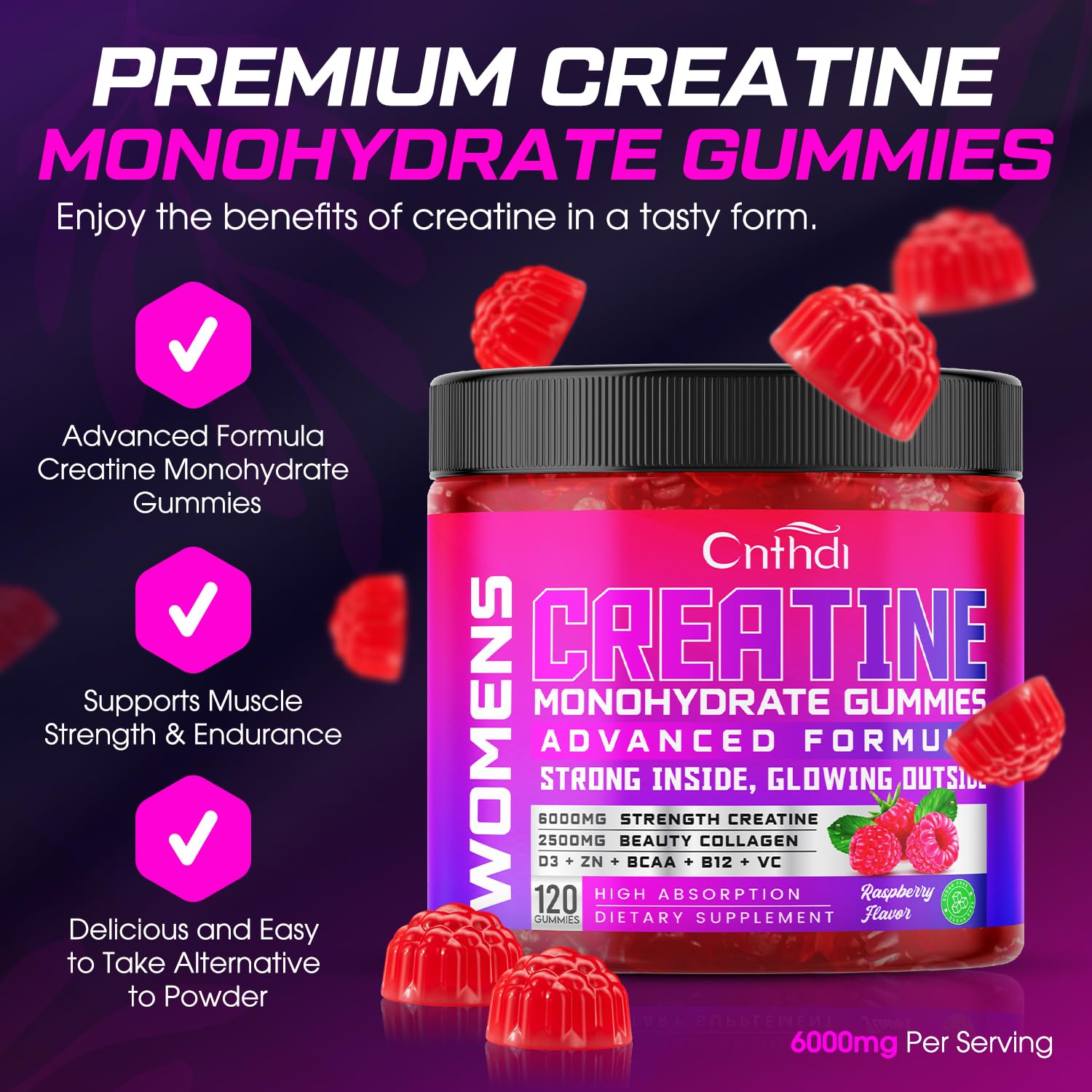Close-up of raspberry-flavored creatine gummies