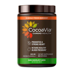 CocoaVia Cardio Health Powder jar displayed on kitchen counter