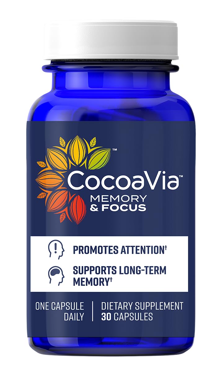 CocoaVia Memory & Focus bottle with 30 capsules on white