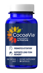 CocoaVia Memory & Focus bottle with 30 capsules on white