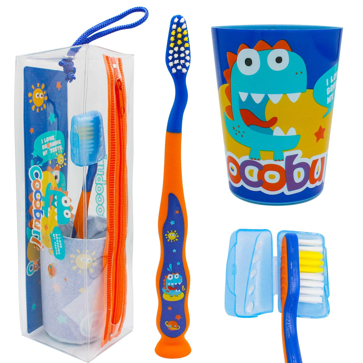 COCOBURI Dinosaurs 4-Piece Kids Toothbrush Set with cup, guard, and travel pouch