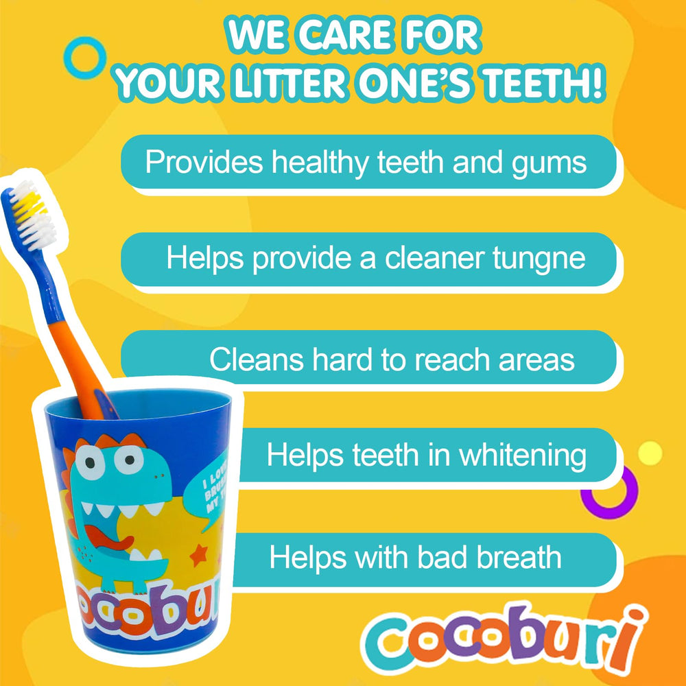Bright dinosaur designs on COCOBURI kids toothbrush set