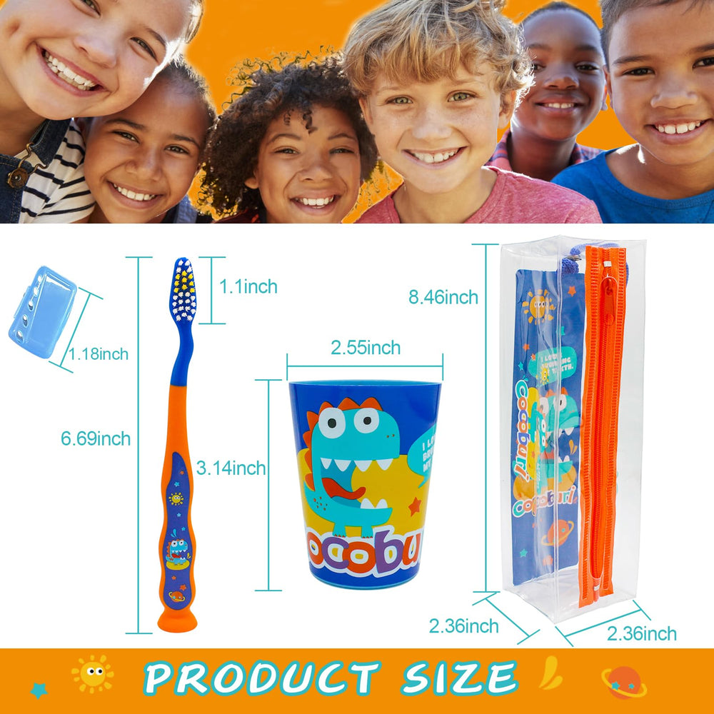 Rinse cup and toothbrush guard included in COCOBURI Dinosaurs 4-piece set