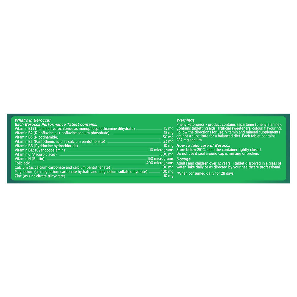 Close-up of CoCoCherry Berocca bottle label highlighting ingredients.