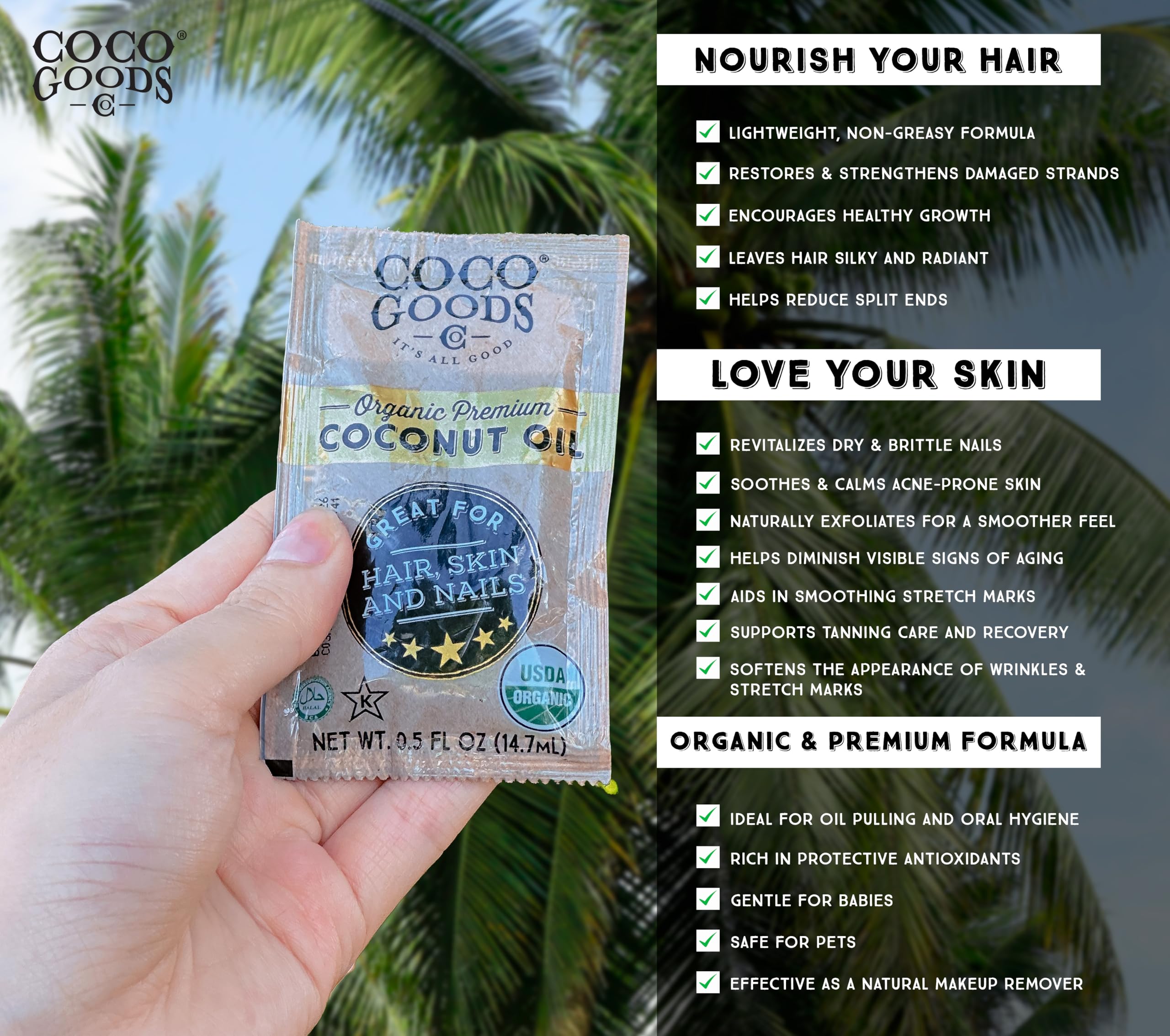 Travel sachets of coconut oil, 0.5 oz each, 15-count pack