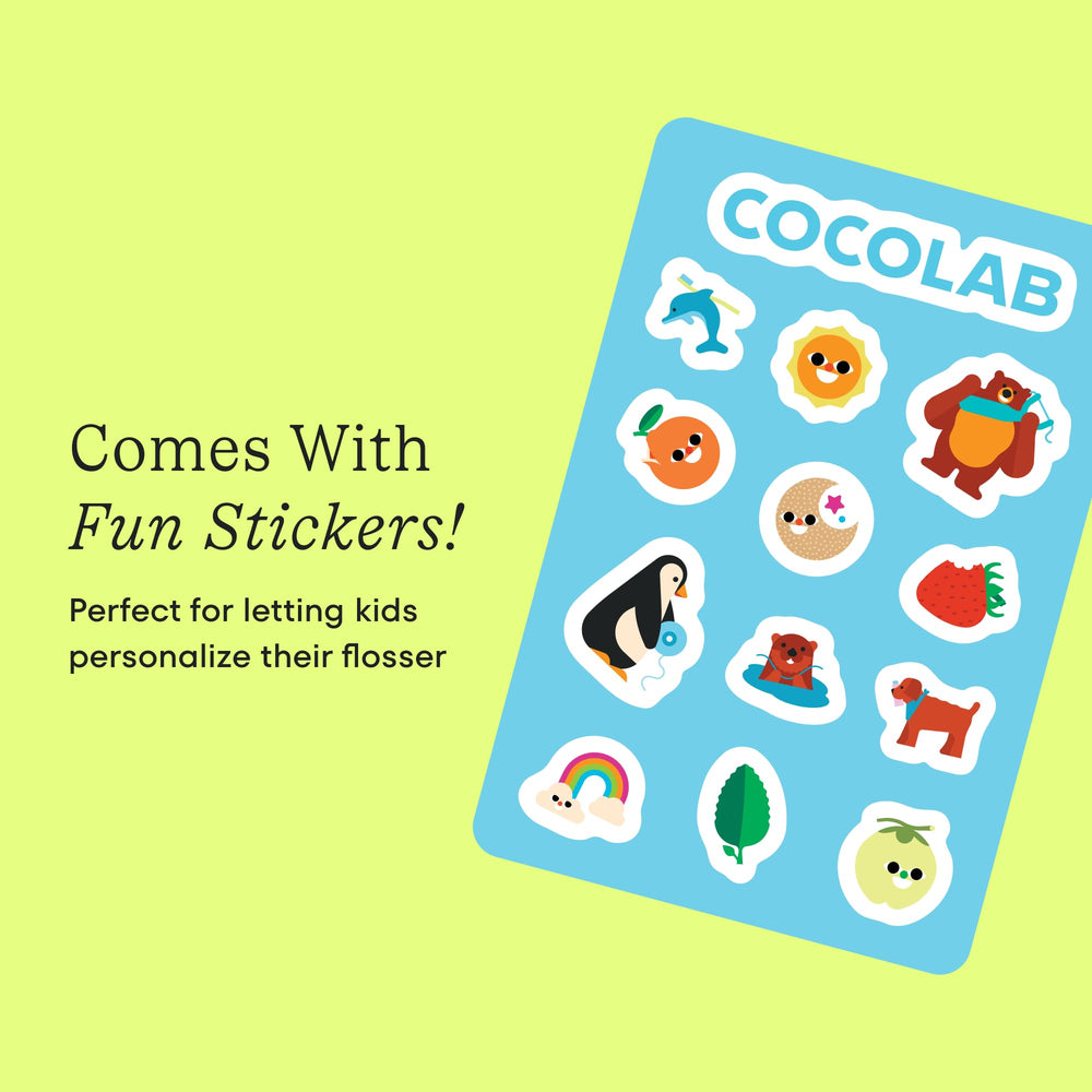 Sticker sheet included to personalize the flosser