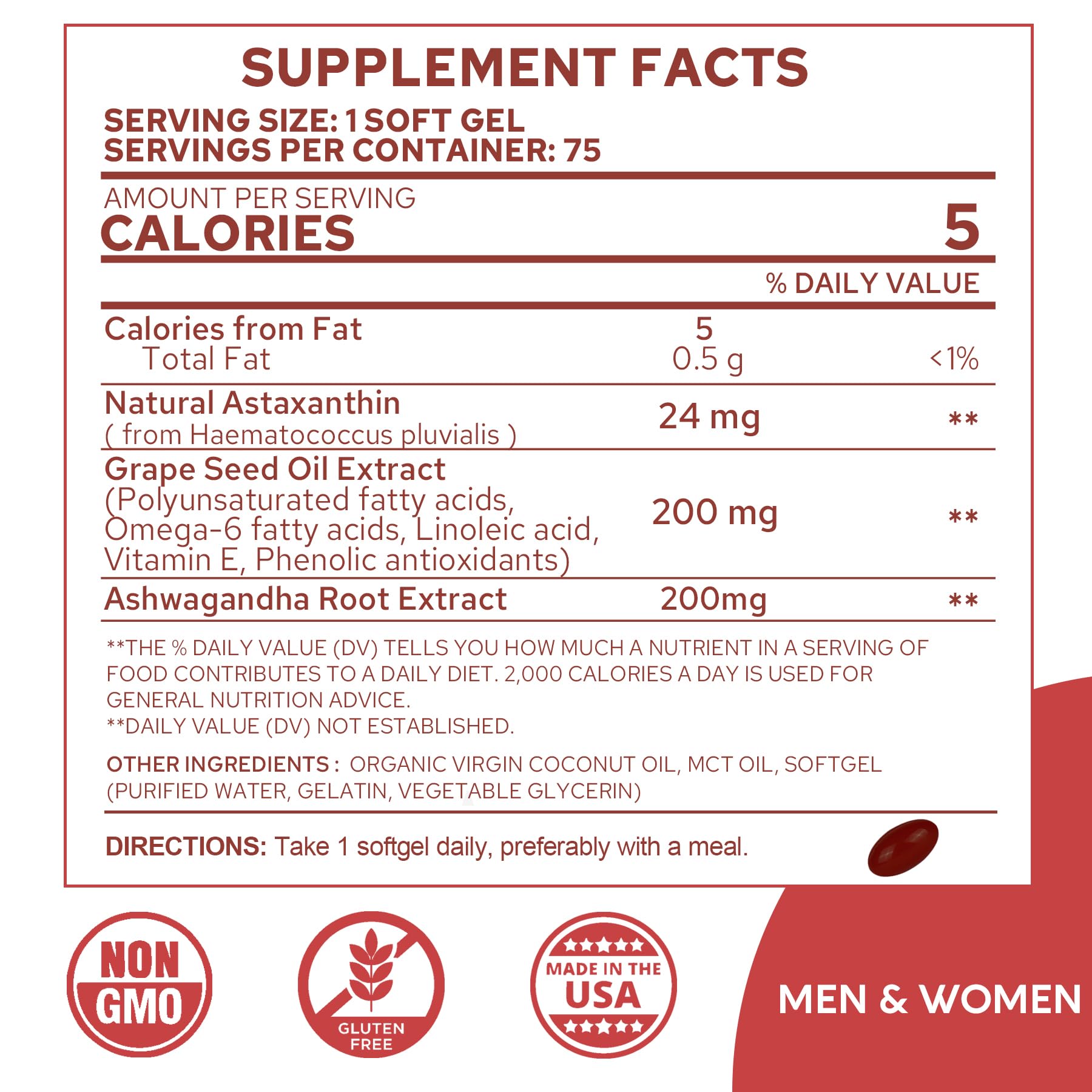 Astaxanthin softgels with coconut MCT oil and ashwagha extract